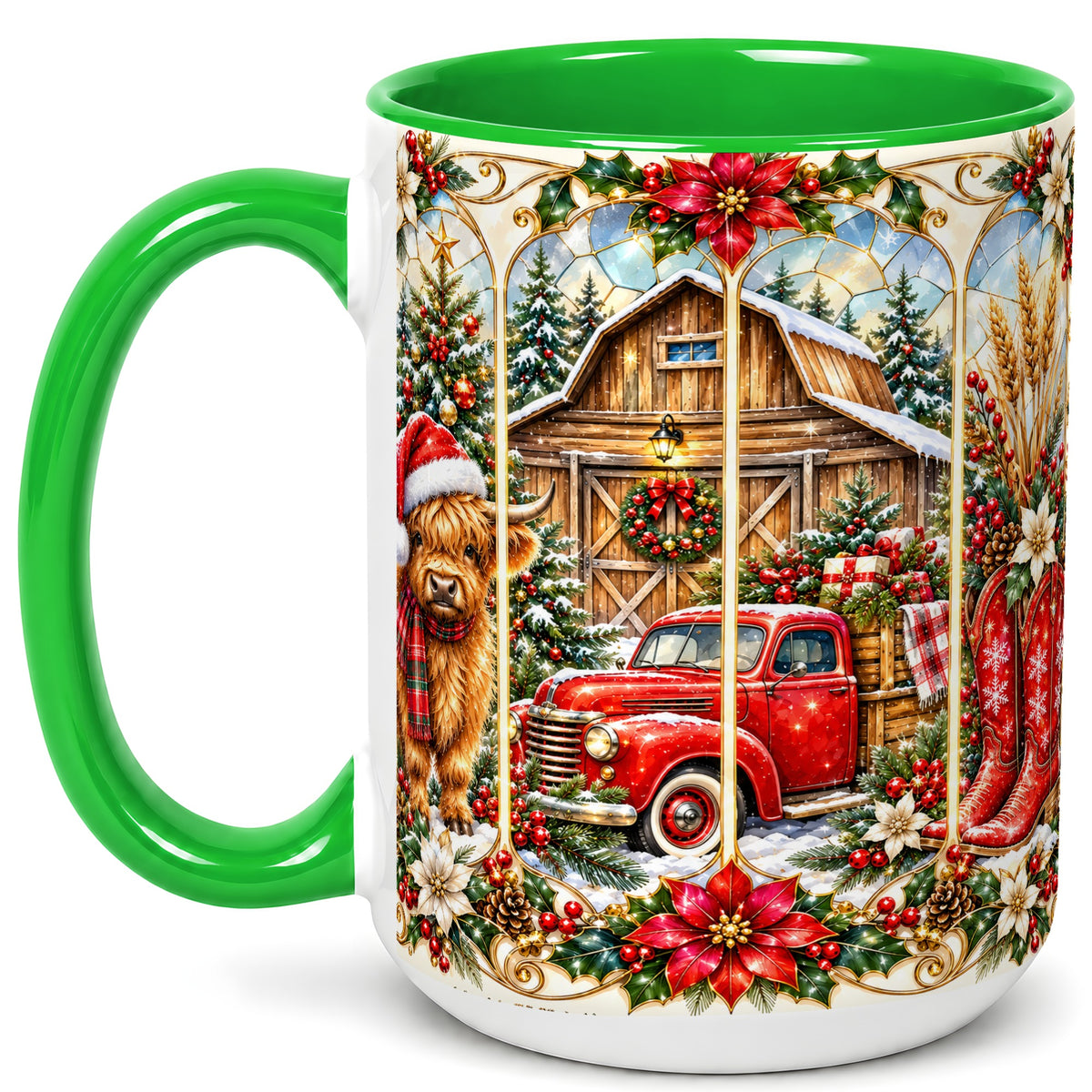#pl[15oz|Green] Highland Cow Christmas Coffee Mug, Ornate Farmhouse Mug, Ceramic Cup