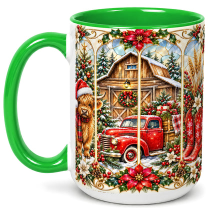 #pl[15oz|Green] Highland Cow Christmas Coffee Mug, Ornate Farmhouse Mug, Ceramic Cup