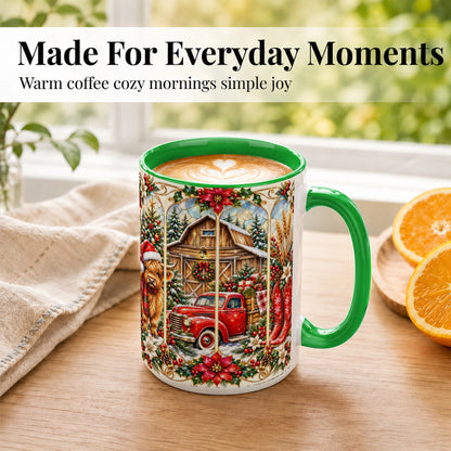 #pl[15oz|Green] Highland Cow Christmas Coffee Mug, Ornate Farmhouse Mug, Ceramic Cup