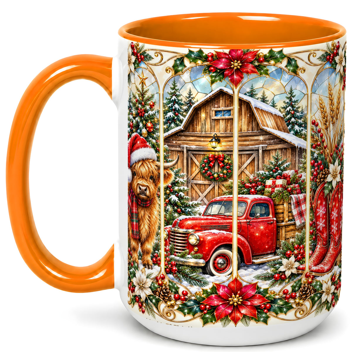 #pl[15oz|Orange] Highland Cow Christmas Coffee Mug, Ornate Farmhouse Mug, Ceramic Cup