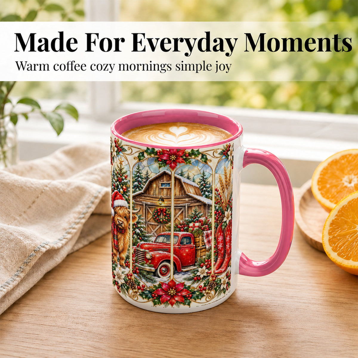 #pl[15oz|Pink] Highland Cow Christmas Coffee Mug, Ornate Farmhouse Mug, Ceramic Cup