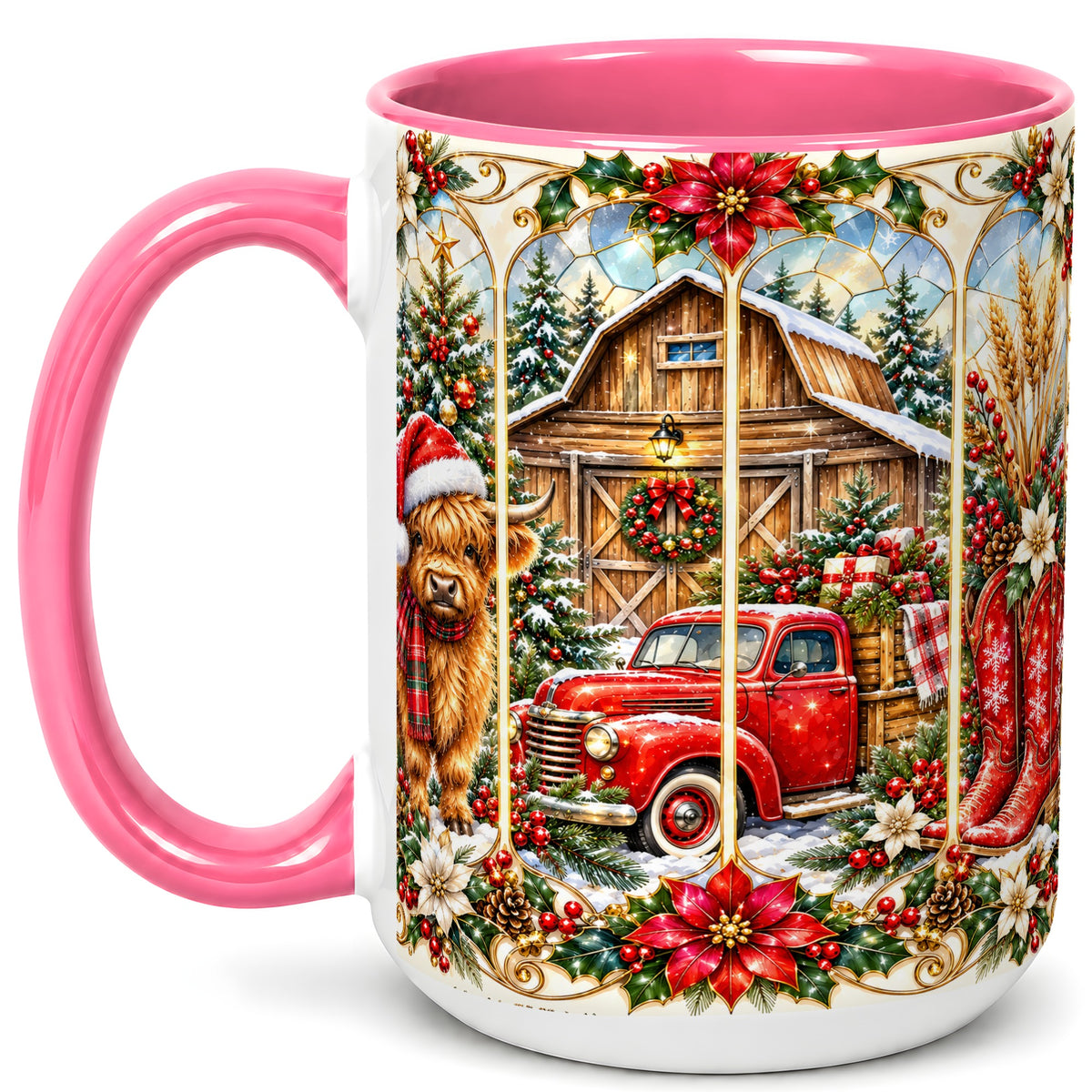 #pl[15oz|Pink] Highland Cow Christmas Coffee Mug, Ornate Farmhouse Mug, Ceramic Cup