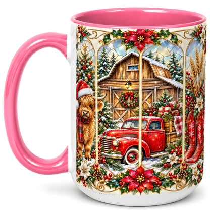 #pl[15oz|Pink] Highland Cow Christmas Coffee Mug, Ornate Farmhouse Mug, Ceramic Cup