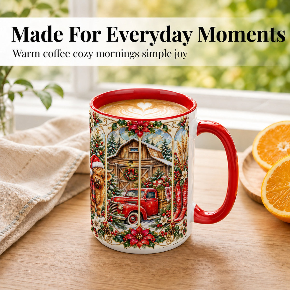 #pl[15oz|Red] Highland Cow Christmas Coffee Mug, Ornate Farmhouse Mug, Ceramic Cup