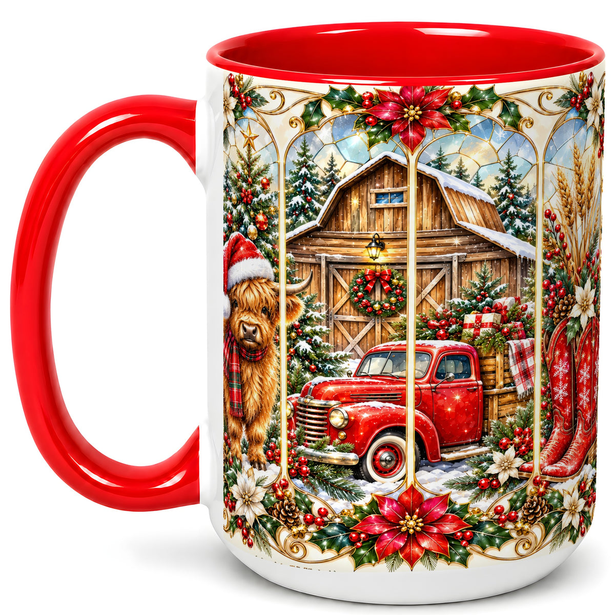 #pl[15oz|Red] Highland Cow Christmas Coffee Mug, Ornate Farmhouse Mug, Ceramic Cup