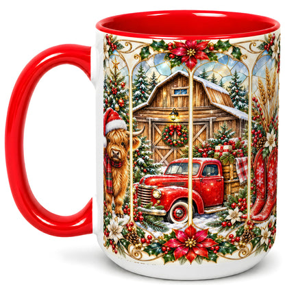 #pl[15oz|Red] Highland Cow Christmas Coffee Mug, Ornate Farmhouse Mug, Ceramic Cup