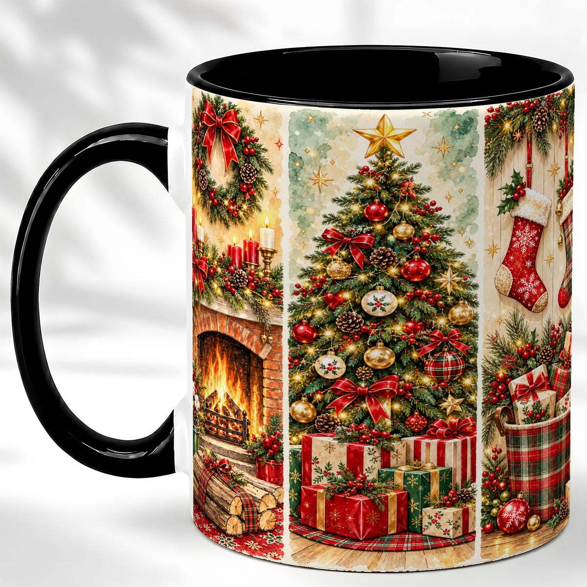 #pl[11oz|Black] Traditional Christmas Coffee Mug, Holiday Fireplace Mug, Ceramic Cup