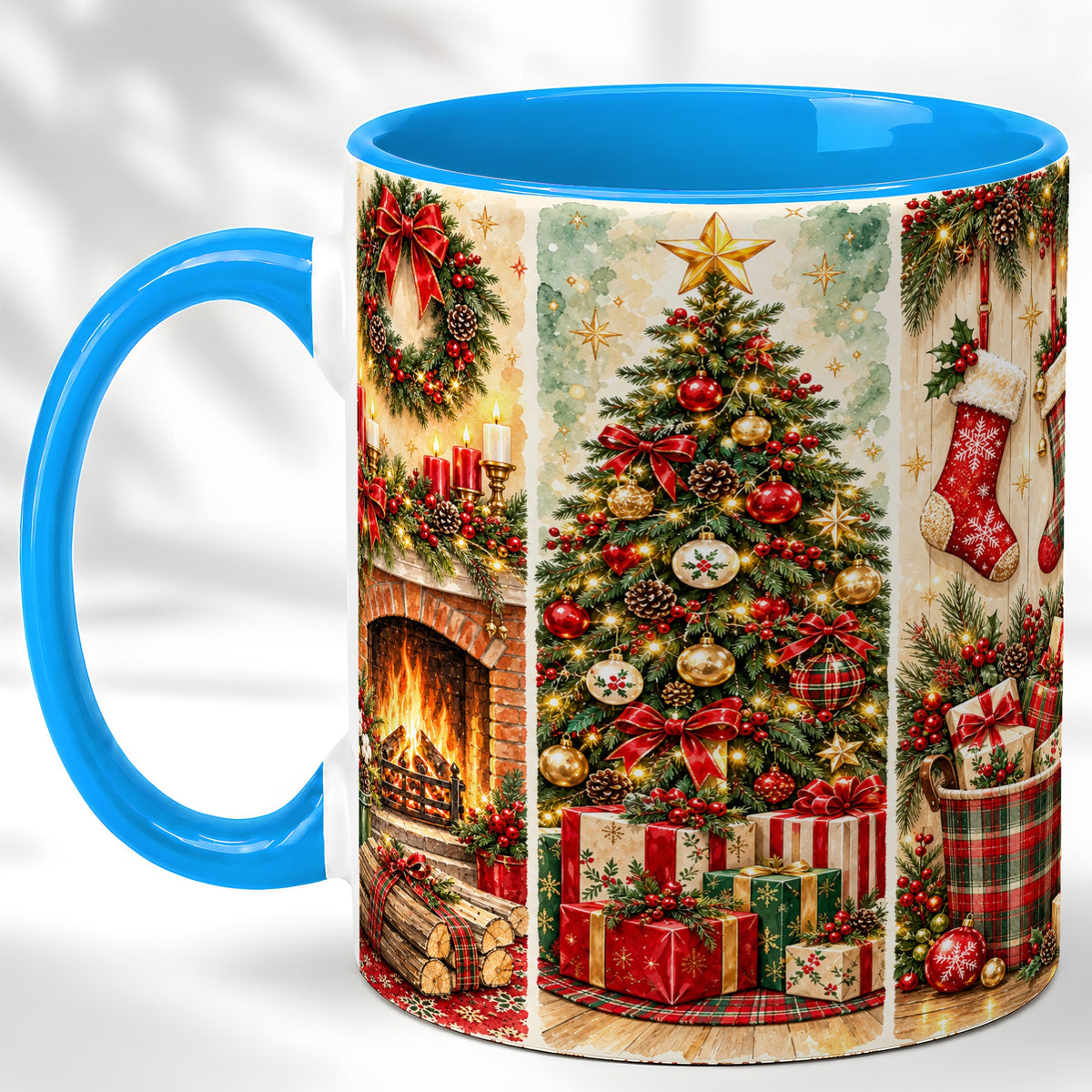 #pl[11oz|Blue] Traditional Christmas Coffee Mug, Holiday Fireplace Mug, Ceramic Cup