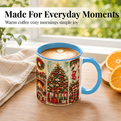 #pl[11oz|Blue] Traditional Christmas Coffee Mug, Holiday Fireplace Mug, Ceramic Cup
