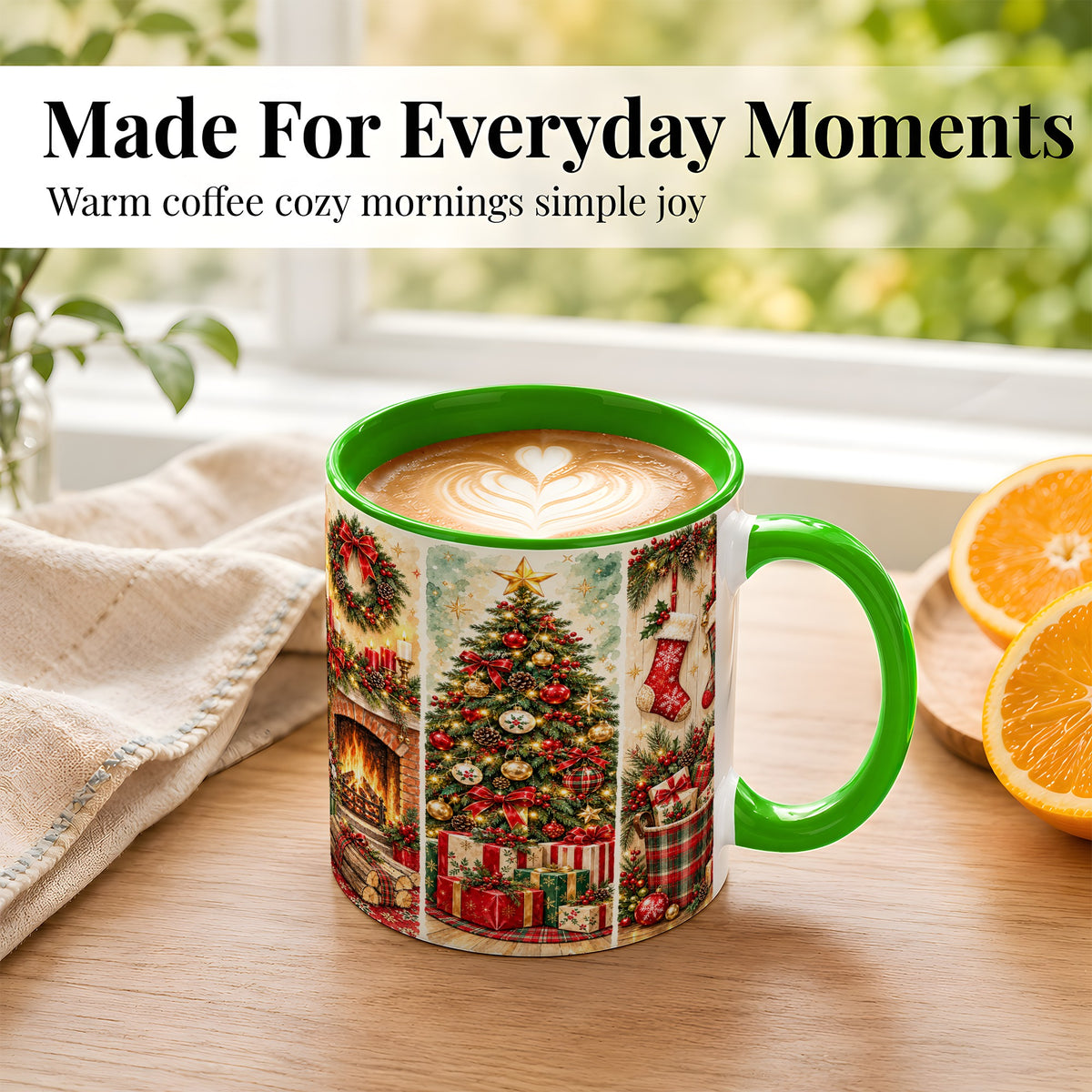 #pl[11oz|Green] Traditional Christmas Coffee Mug, Holiday Fireplace Mug, Ceramic Cup
