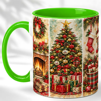 #pl[11oz|Green] Traditional Christmas Coffee Mug, Holiday Fireplace Mug, Ceramic Cup