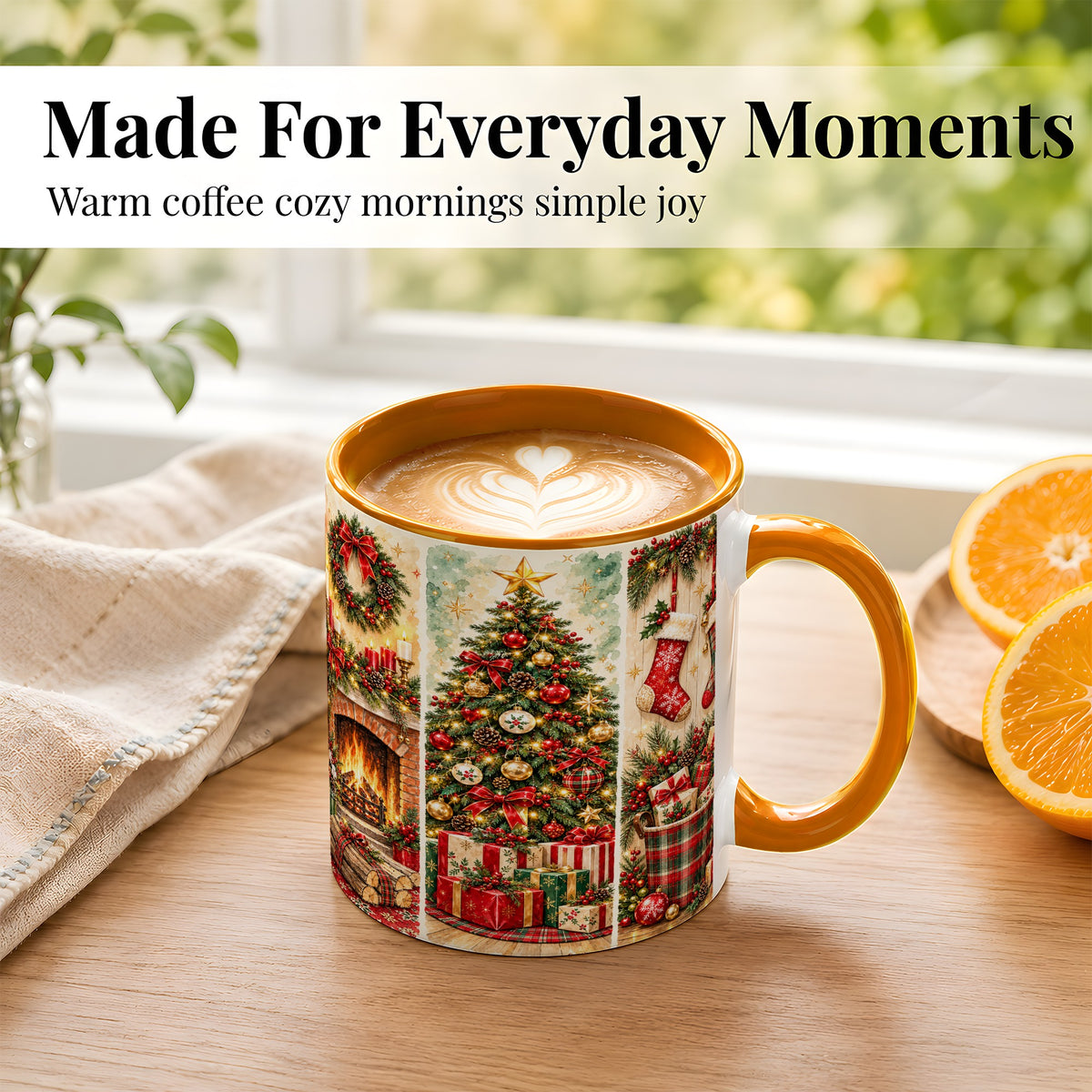#pl[11oz|Orange] Traditional Christmas Coffee Mug, Holiday Fireplace Mug, Ceramic Cup