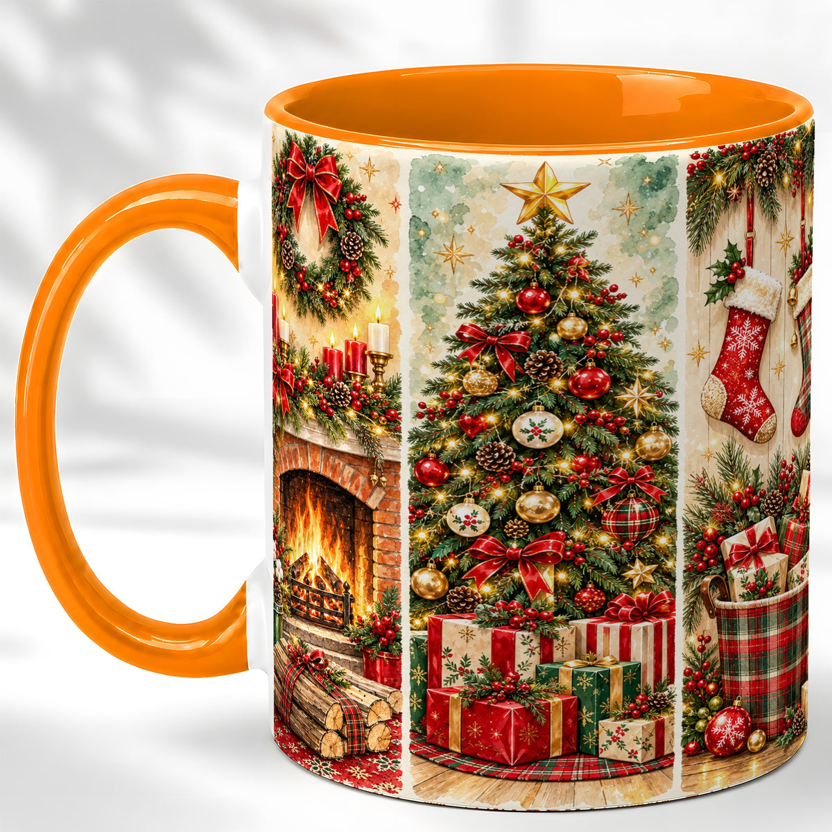 #pl[11oz|Orange] Traditional Christmas Coffee Mug, Holiday Fireplace Mug, Ceramic Cup