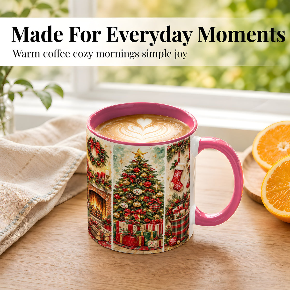 #pl[11oz|Pink] Traditional Christmas Coffee Mug, Holiday Fireplace Mug, Ceramic Cup