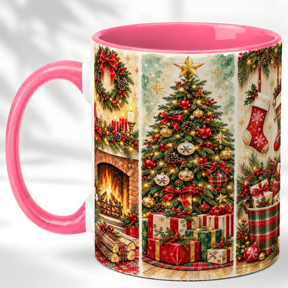 #pl[11oz|Pink] Traditional Christmas Coffee Mug, Holiday Fireplace Mug, Ceramic Cup