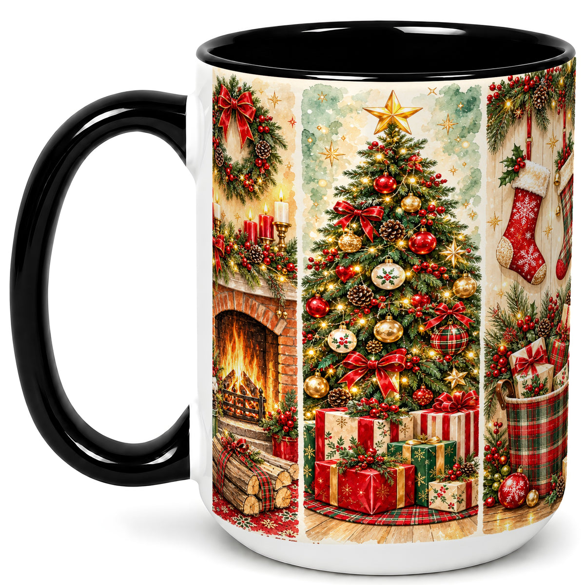 #pl[15oz|Black] Traditional Christmas Coffee Mug, Holiday Fireplace Mug, Ceramic Cup