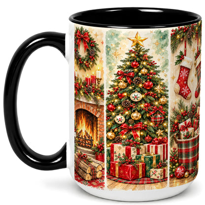 #pl[15oz|Black] Traditional Christmas Coffee Mug, Holiday Fireplace Mug, Ceramic Cup