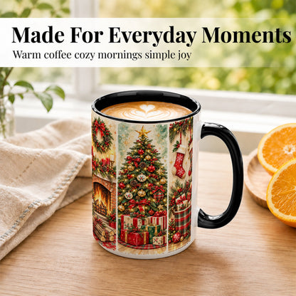 #pl[15oz|Black] Traditional Christmas Coffee Mug, Holiday Fireplace Mug, Ceramic Cup