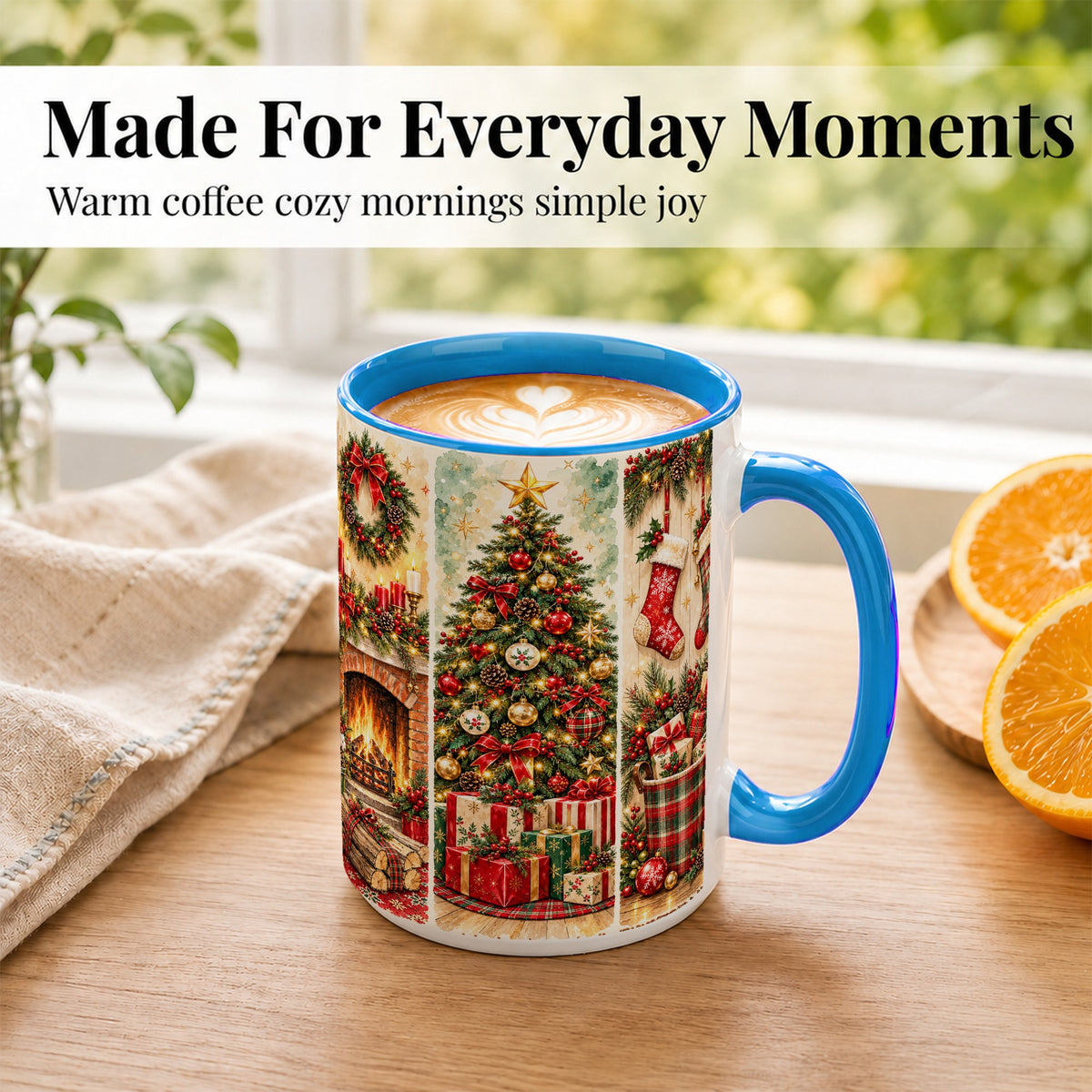 #pl[15oz|Blue] Traditional Christmas Coffee Mug, Holiday Fireplace Mug, Ceramic Cup