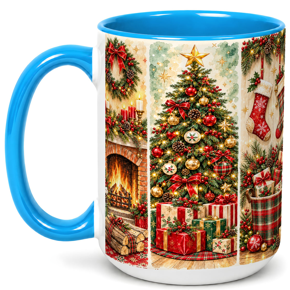 #pl[15oz|Blue] Traditional Christmas Coffee Mug, Holiday Fireplace Mug, Ceramic Cup