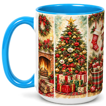 #pl[15oz|Blue] Traditional Christmas Coffee Mug, Holiday Fireplace Mug, Ceramic Cup