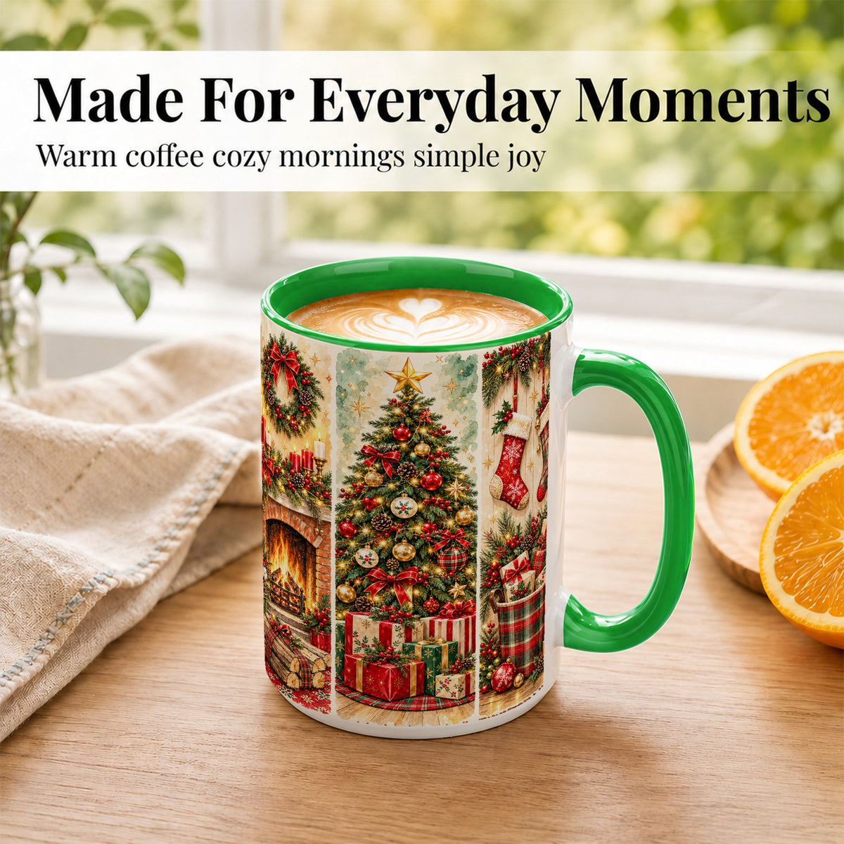 #pl[15oz|Green] Traditional Christmas Coffee Mug, Holiday Fireplace Mug, Ceramic Cup
