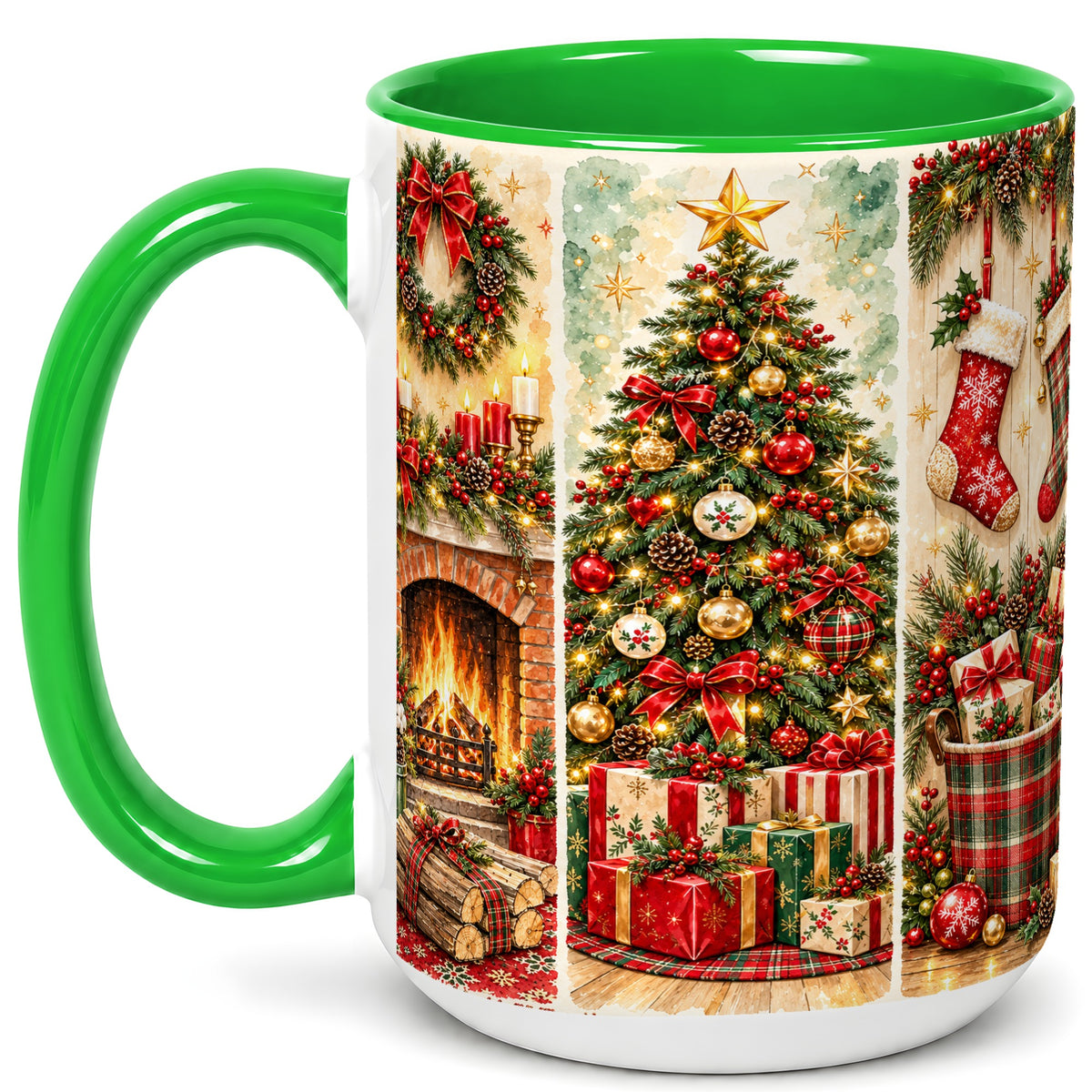 #pl[15oz|Green] Traditional Christmas Coffee Mug, Holiday Fireplace Mug, Ceramic Cup