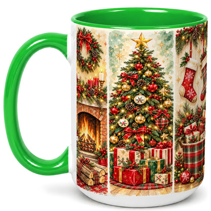 #pl[15oz|Green] Traditional Christmas Coffee Mug, Holiday Fireplace Mug, Ceramic Cup
