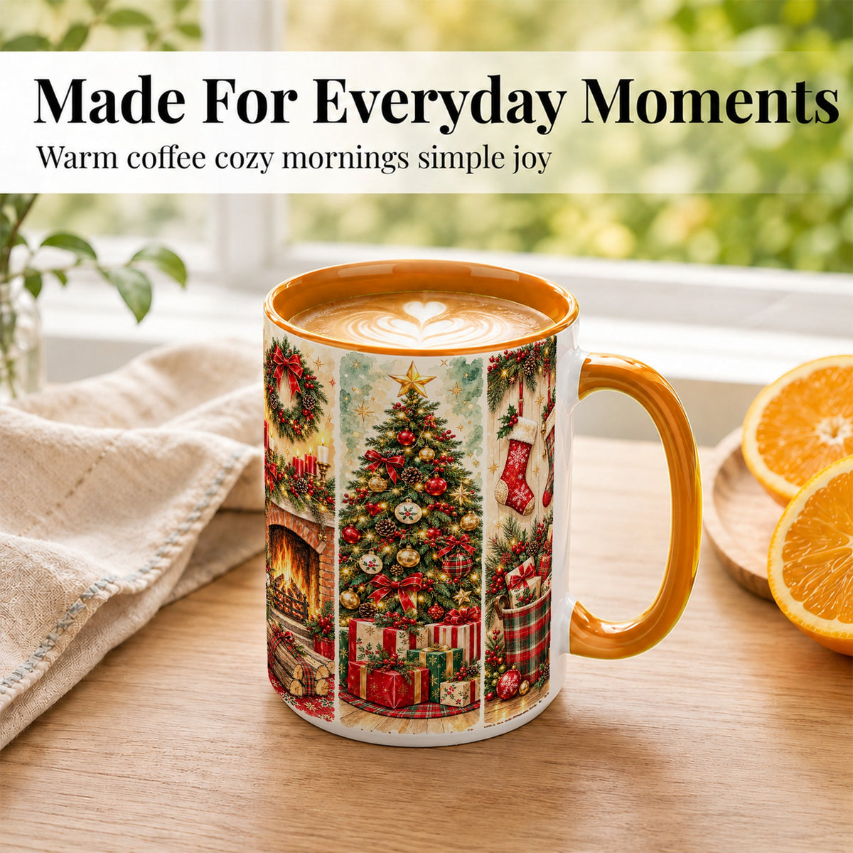 #pl[15oz|Orange] Traditional Christmas Coffee Mug, Holiday Fireplace Mug, Ceramic Cup