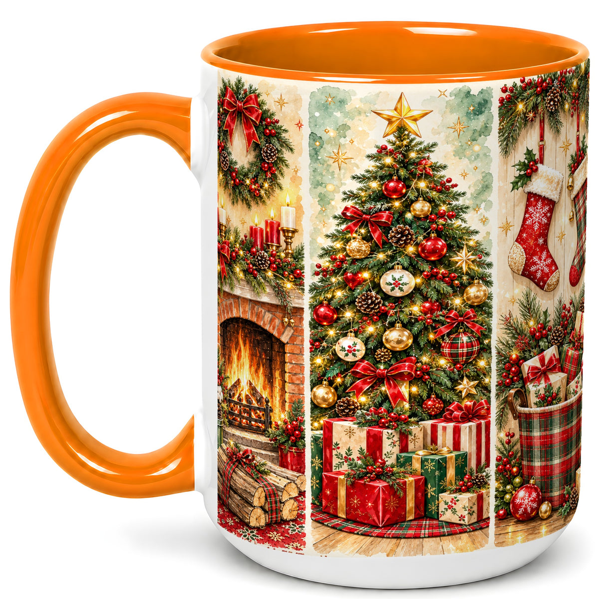 #pl[15oz|Orange] Traditional Christmas Coffee Mug, Holiday Fireplace Mug, Ceramic Cup
