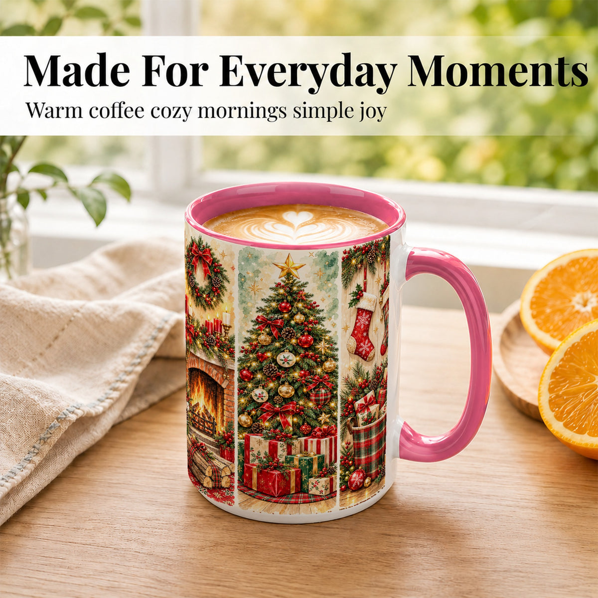 #pl[15oz|Pink] Traditional Christmas Coffee Mug, Holiday Fireplace Mug, Ceramic Cup