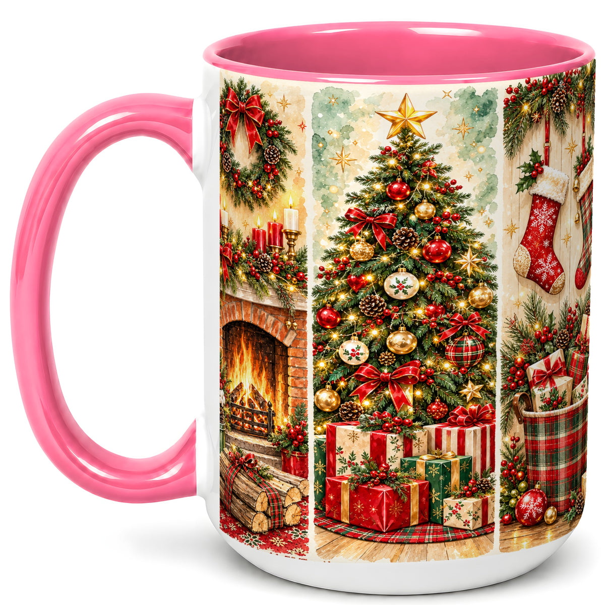 #pl[15oz|Pink] Traditional Christmas Coffee Mug, Holiday Fireplace Mug, Ceramic Cup