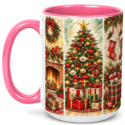 #pl[15oz|Pink] Traditional Christmas Coffee Mug, Holiday Fireplace Mug, Ceramic Cup