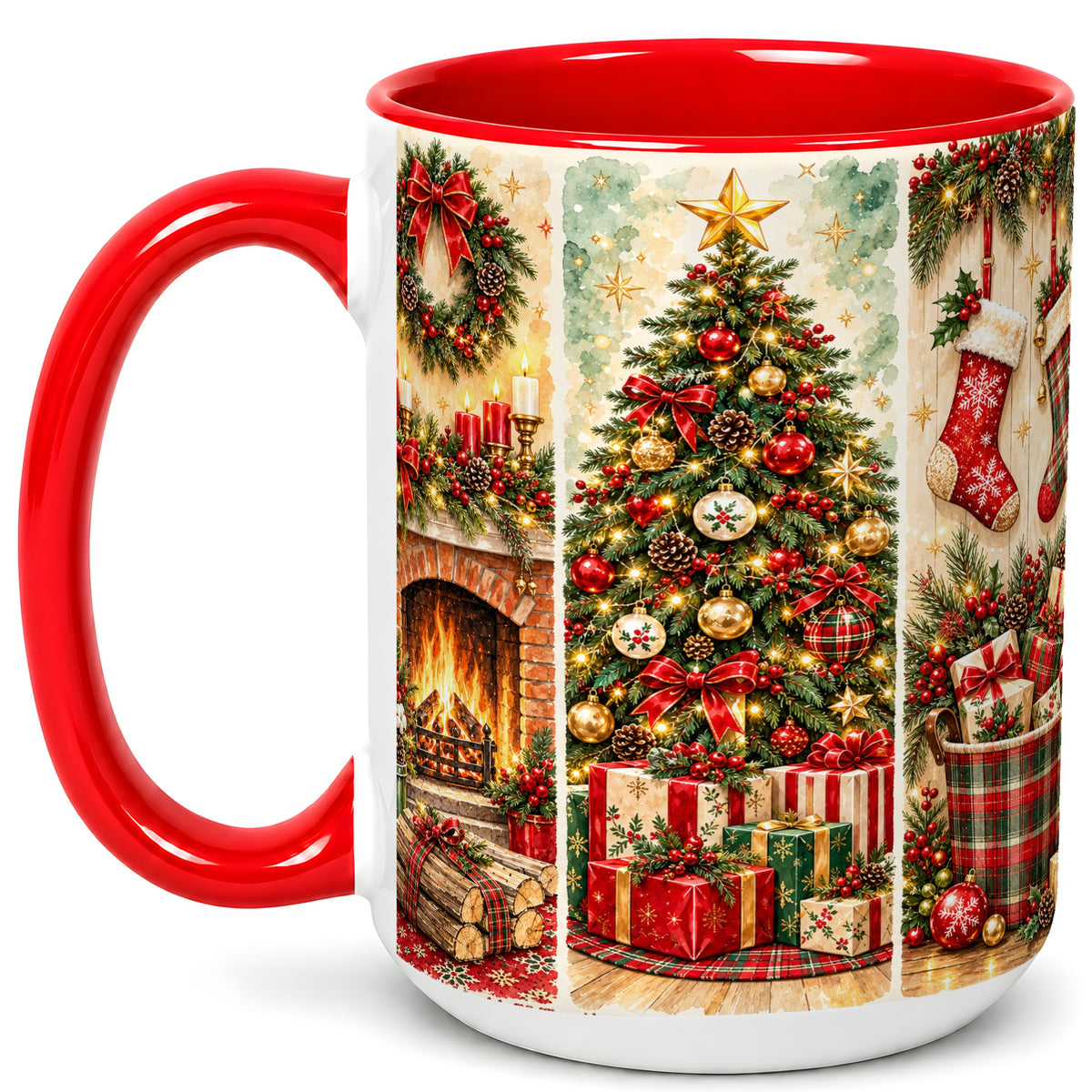 #pl[15oz|Red] Traditional Christmas Coffee Mug, Holiday Fireplace Mug, Ceramic Cup