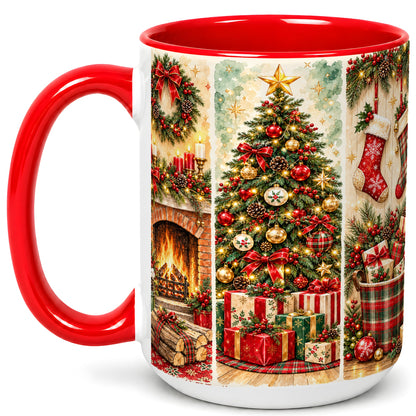 #pl[15oz|Red] Traditional Christmas Coffee Mug, Holiday Fireplace Mug, Ceramic Cup