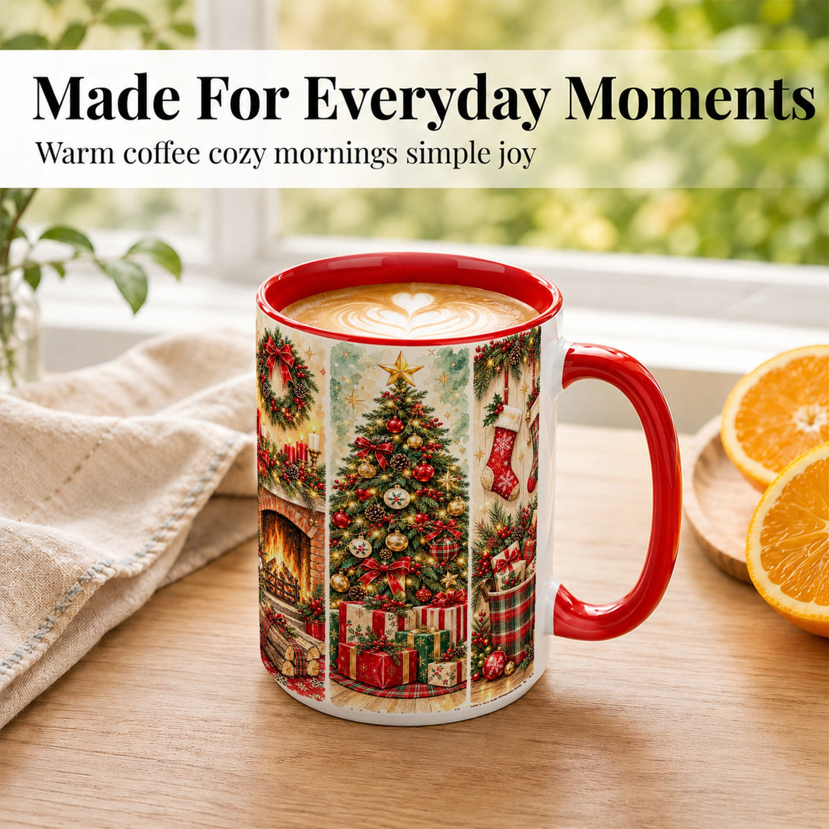 #pl[15oz|Red] Traditional Christmas Coffee Mug, Holiday Fireplace Mug, Ceramic Cup