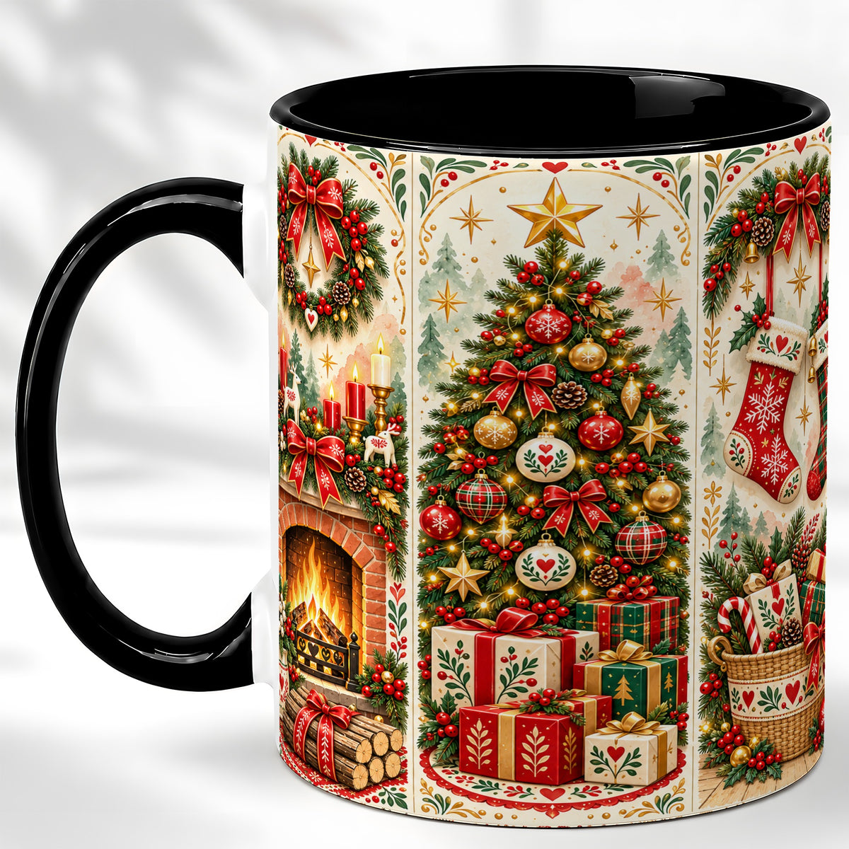 #pl[11oz|Black] Christmas Folk Art Coffee Mug, Nordic Holiday Mug, Ceramic Cup