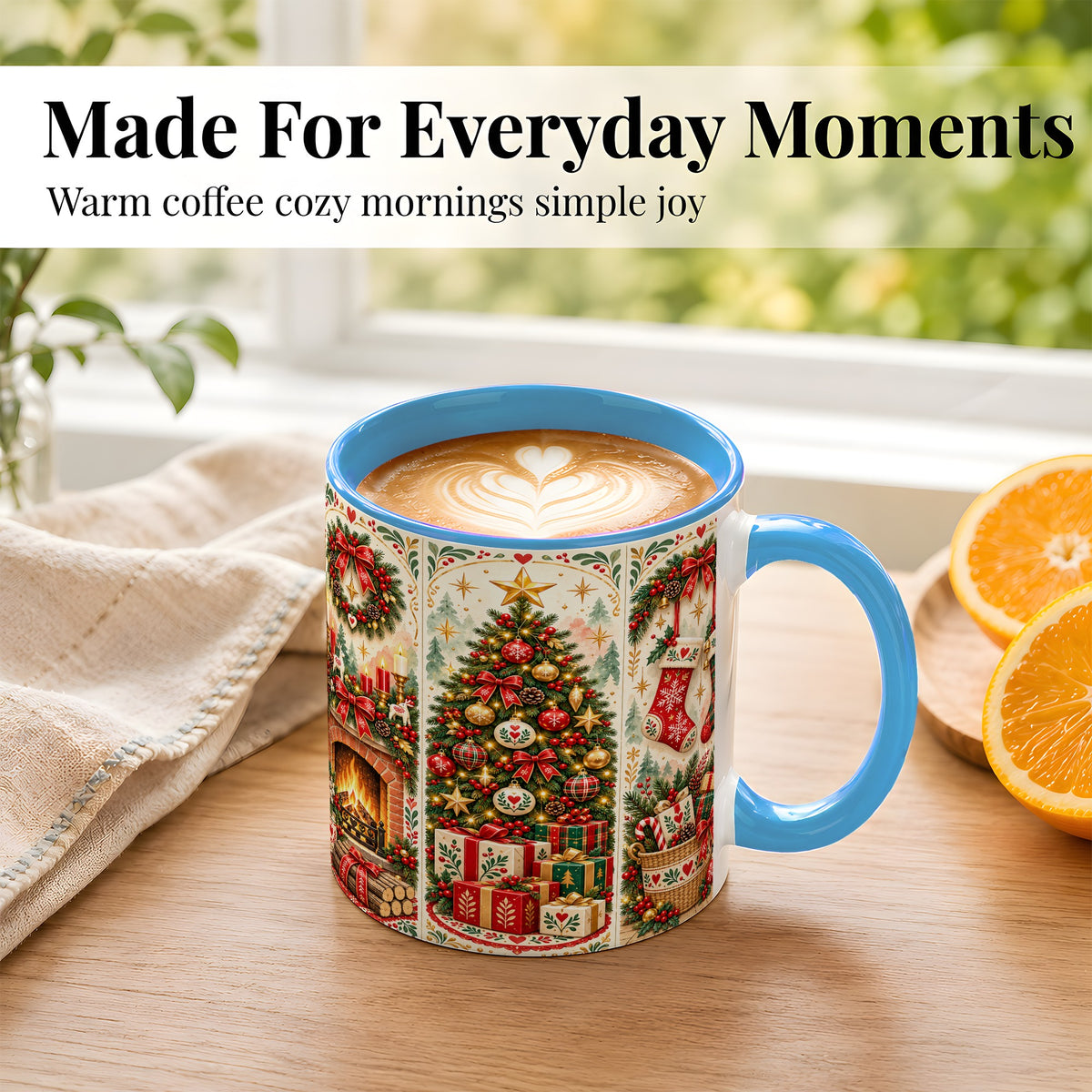 #pl[11oz|Blue] Christmas Folk Art Coffee Mug, Nordic Holiday Mug, Ceramic Cup