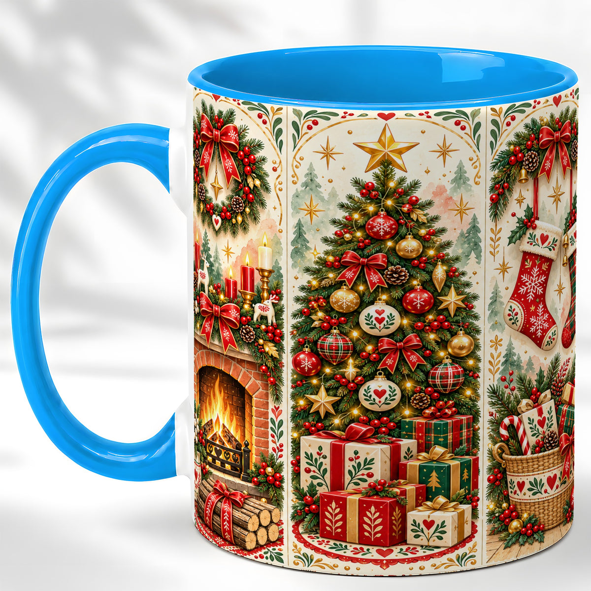 #pl[11oz|Blue] Christmas Folk Art Coffee Mug, Nordic Holiday Mug, Ceramic Cup