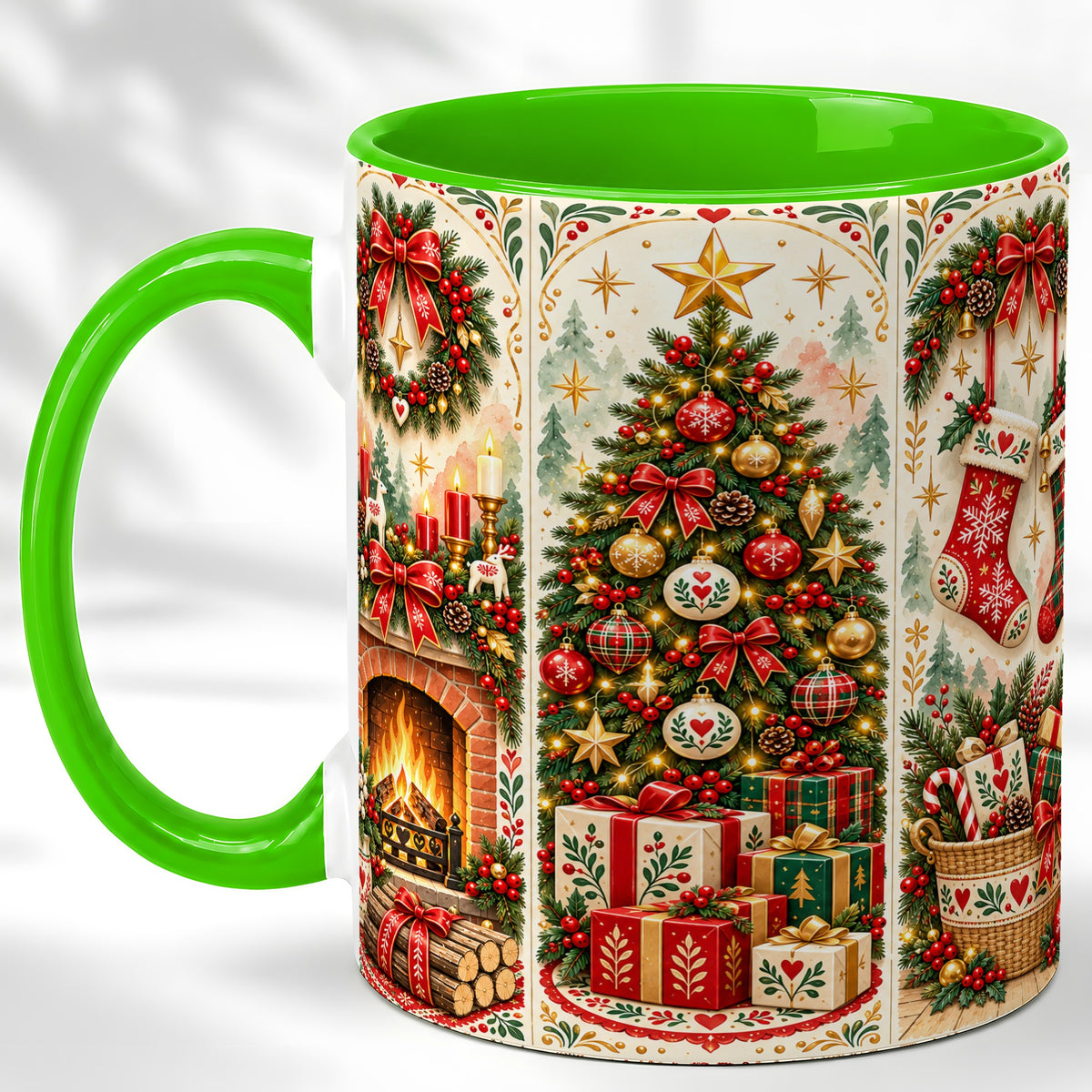 #pl[11oz|Green] Christmas Folk Art Coffee Mug, Nordic Holiday Mug, Ceramic Cup