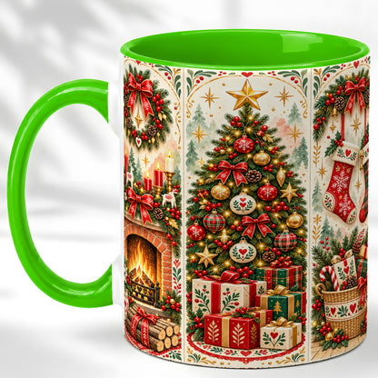 #pl[11oz|Green] Christmas Folk Art Coffee Mug, Nordic Holiday Mug, Ceramic Cup