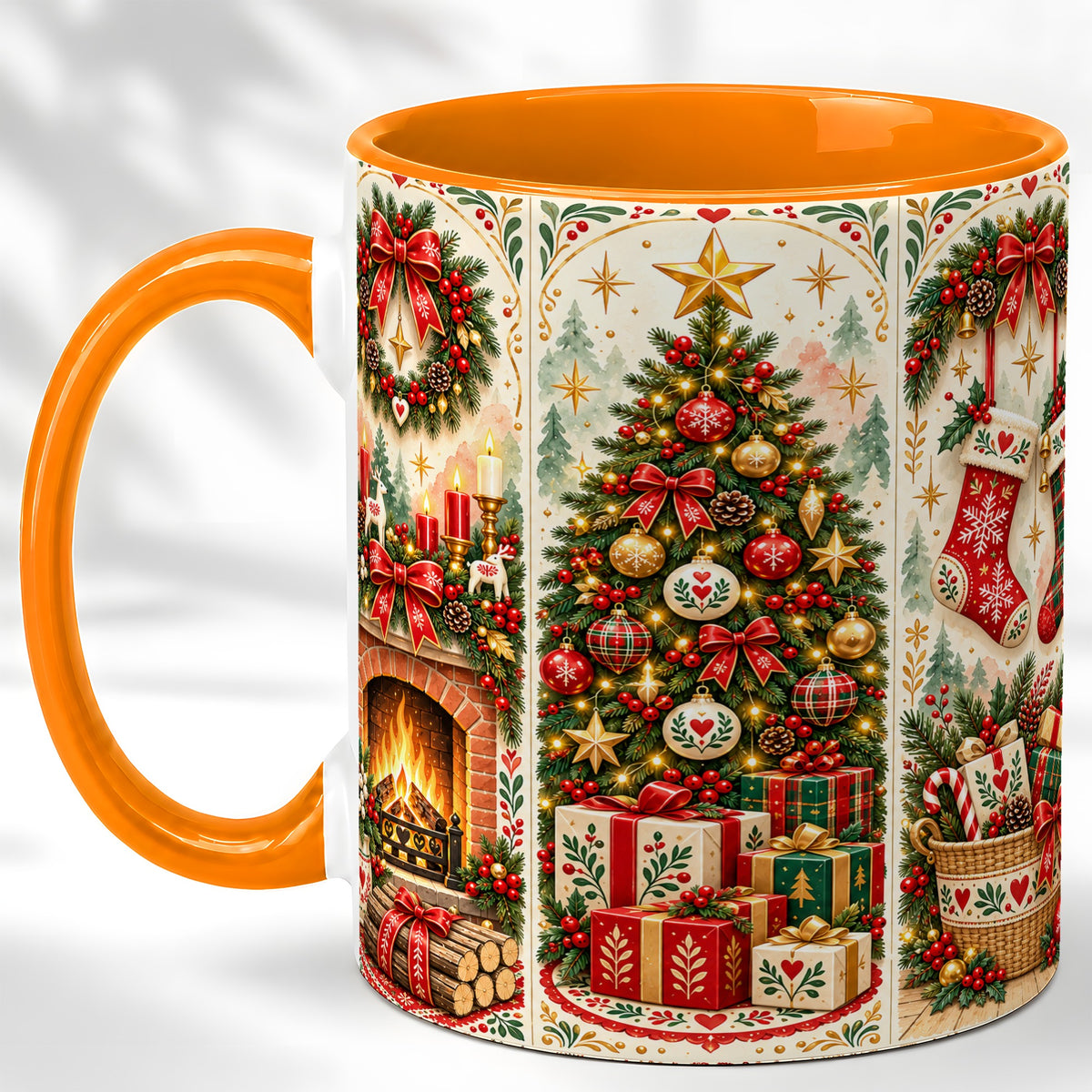 #pl[11oz|Orange] Christmas Folk Art Coffee Mug, Nordic Holiday Mug, Ceramic Cup