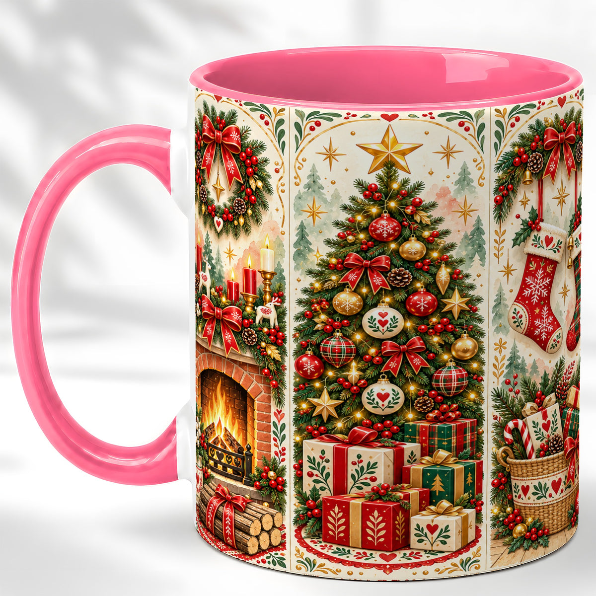 #pl[11oz|Pink] Christmas Folk Art Coffee Mug, Nordic Holiday Mug, Ceramic Cup