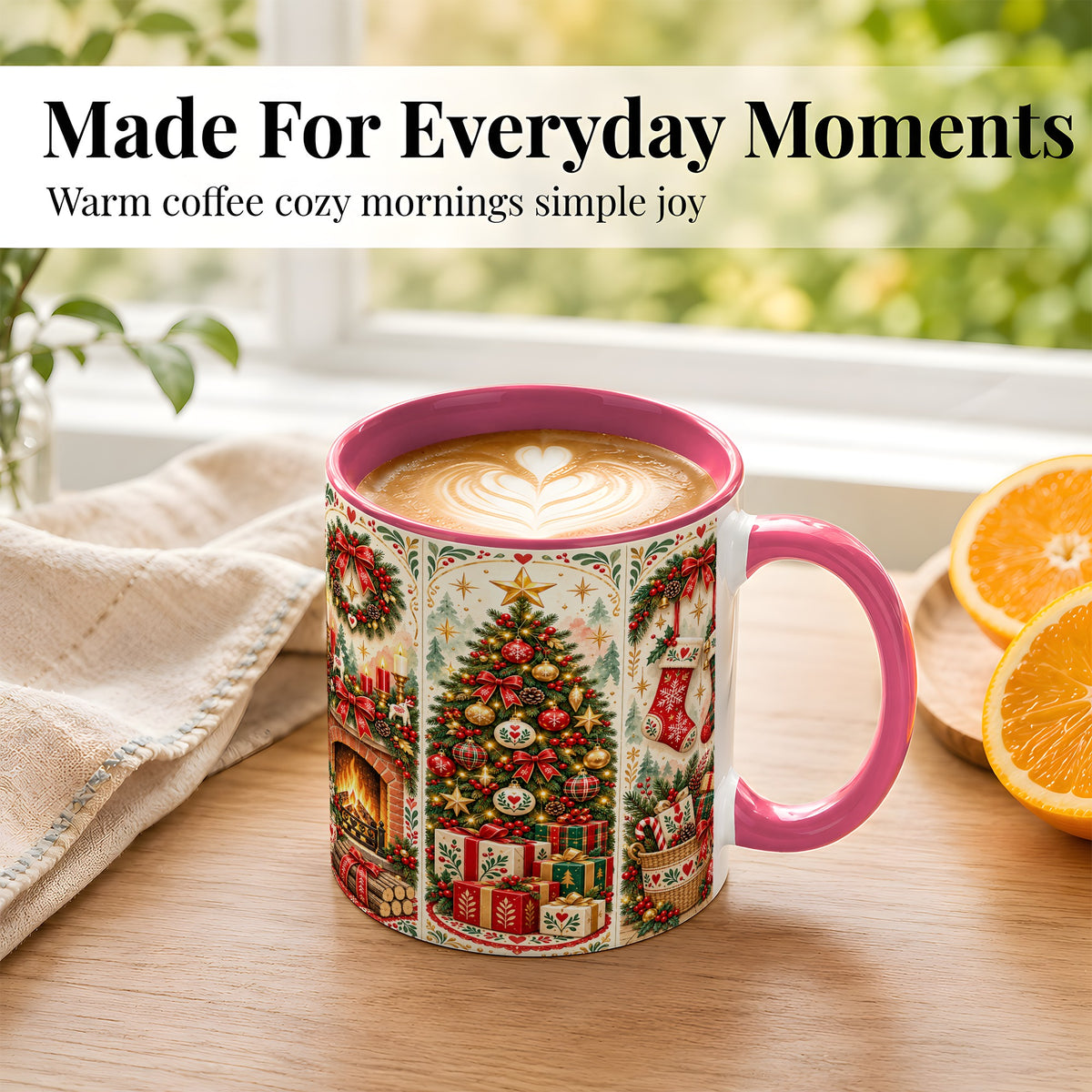#pl[11oz|Pink] Christmas Folk Art Coffee Mug, Nordic Holiday Mug, Ceramic Cup