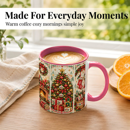 #pl[11oz|Pink] Christmas Folk Art Coffee Mug, Nordic Holiday Mug, Ceramic Cup