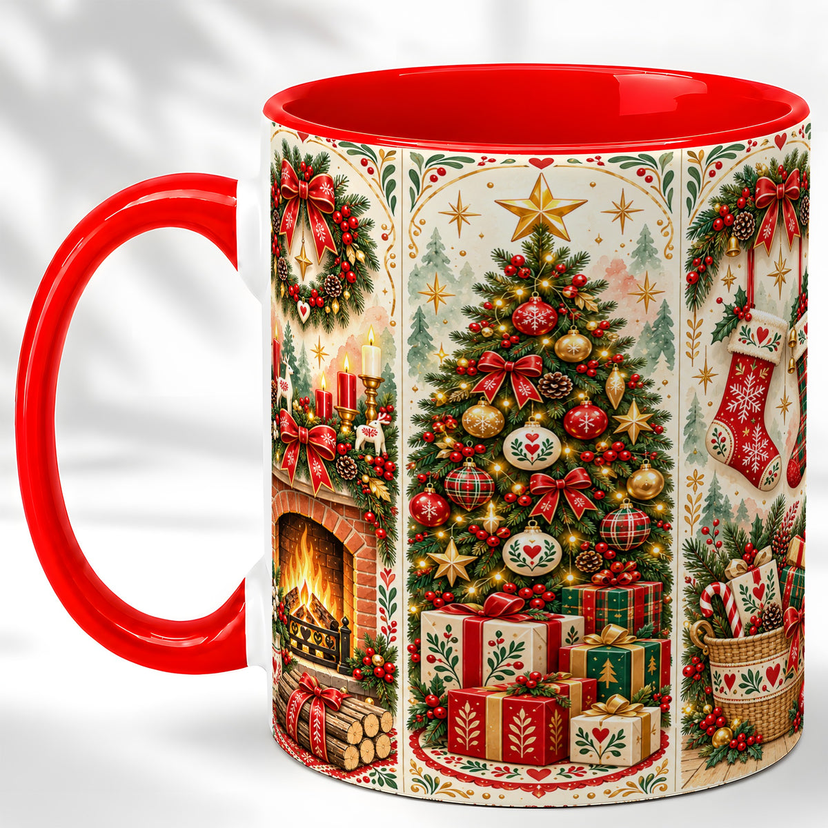 Christmas Folk Art Coffee Mug, Nordic Holiday Mug, Ceramic Cup