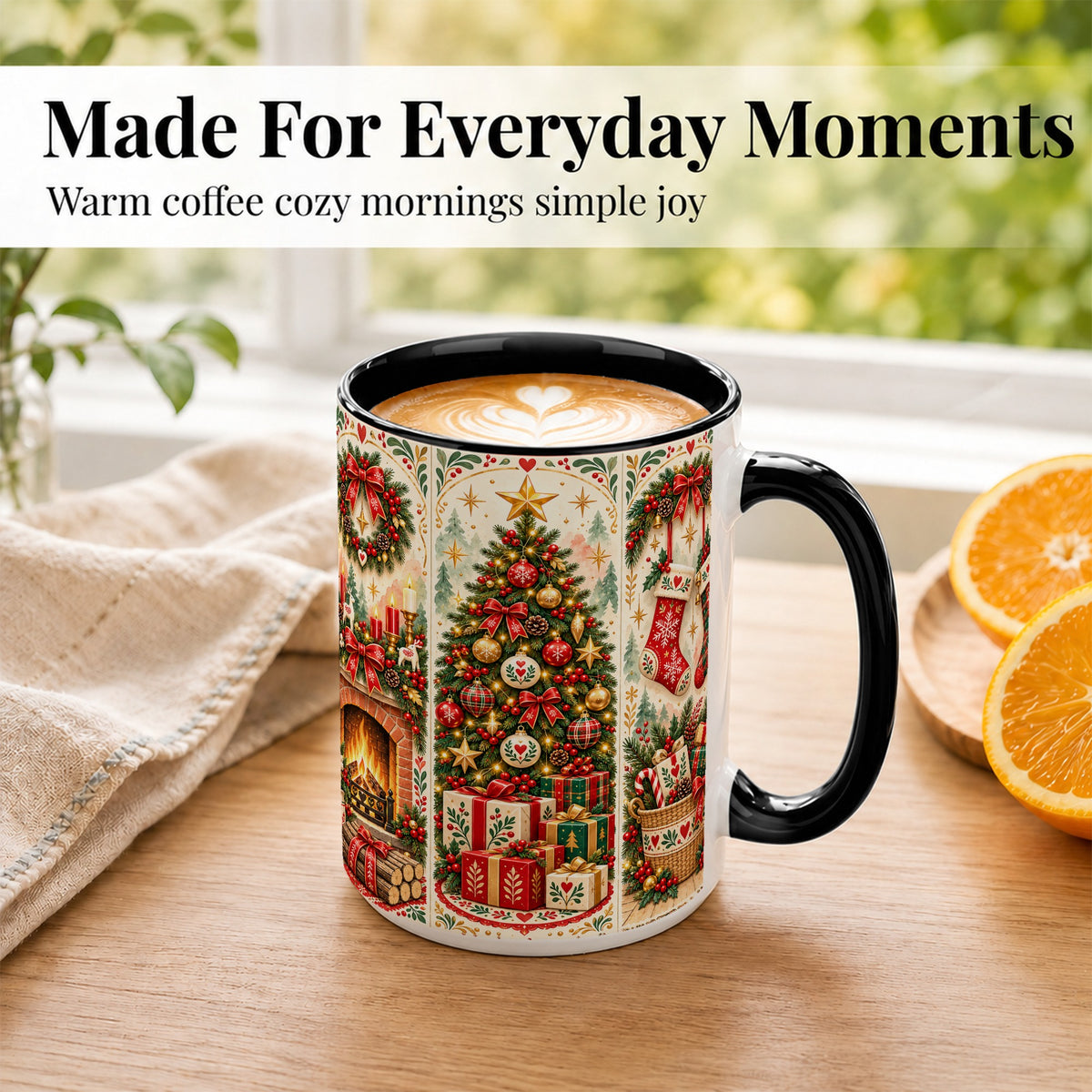 #pl[15oz|Black] Christmas Folk Art Coffee Mug, Nordic Holiday Mug, Ceramic Cup