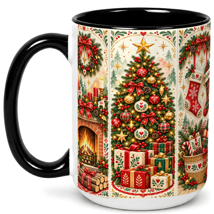 #pl[15oz|Black] Christmas Folk Art Coffee Mug, Nordic Holiday Mug, Ceramic Cup
