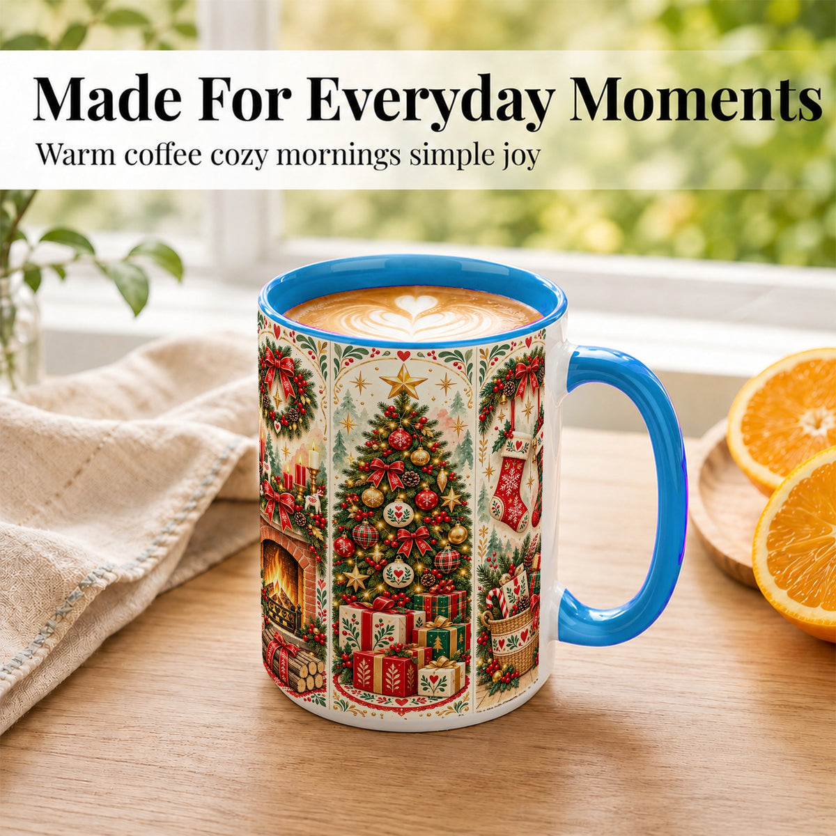 #pl[15oz|Blue] Christmas Folk Art Coffee Mug, Nordic Holiday Mug, Ceramic Cup