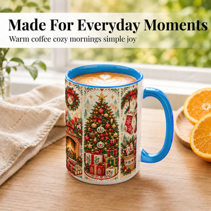 #pl[15oz|Blue] Christmas Folk Art Coffee Mug, Nordic Holiday Mug, Ceramic Cup